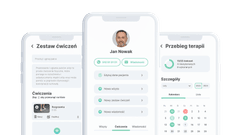 Trzy telefony obok siege pokazujące trzy różne ekrany aplikacji.